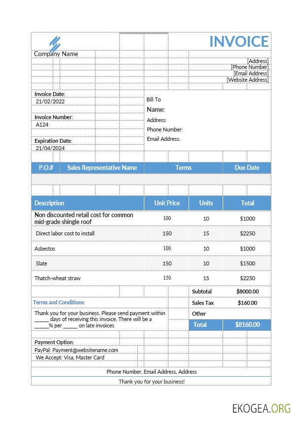 Modèle de facture d'estimation de toiture